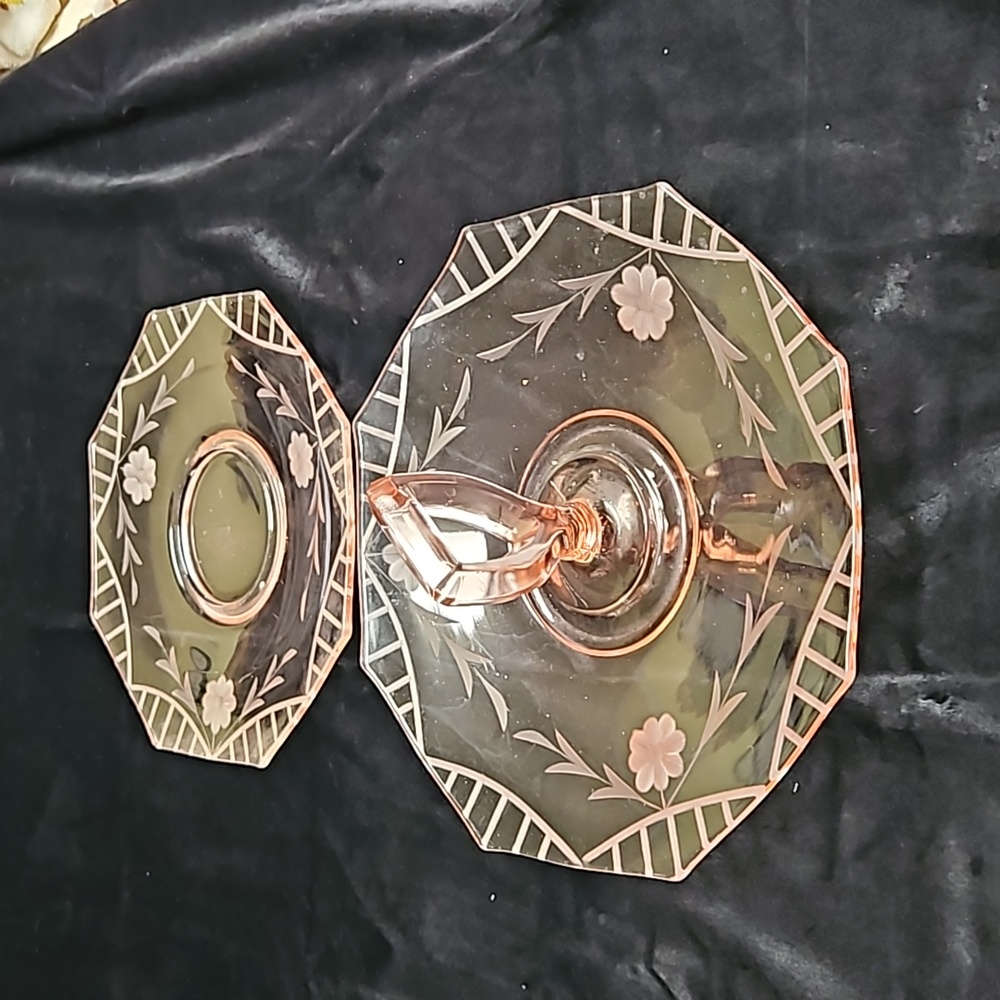 Elegant pink glass dish tray server with handle + matching plate